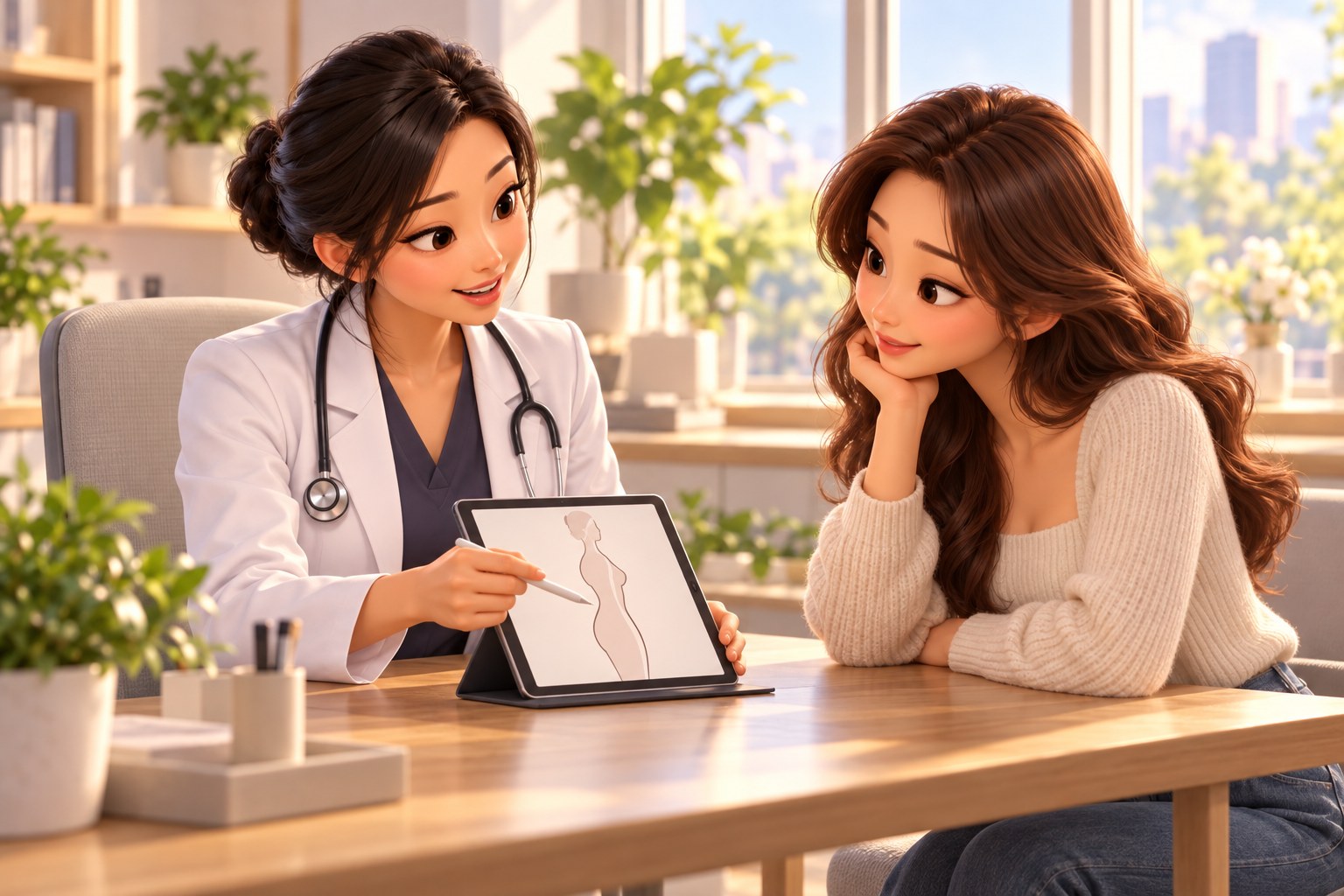 엉덩이하수 상담 장면 일러스트 — 의사와 환자가 옆모습 윤곽 스케치를 보며 체형 상담