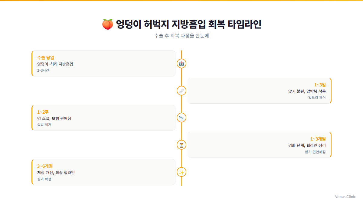 엉덩이 허벅지 지방흡입 회복 타임라인 인포그래픽 — 수술당일부터 6개월 경과