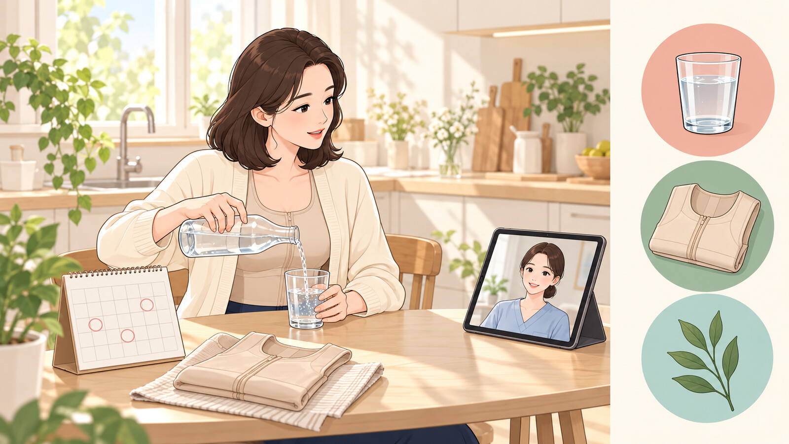 집에서 압박조끼를 입고 물을 마시며 달력으로 경과 일정을 챙기는 장면