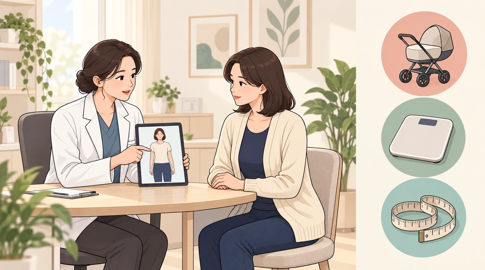 유방하수 표층 지방흡입 상담에서 수술 후 관리와 회복 일정을 설명하는 장면