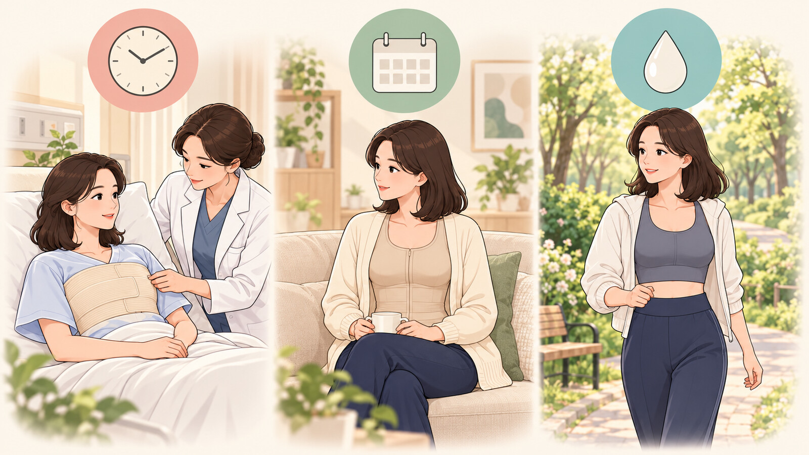 유방 지방흡입 뒤 회복실의 강한 압박, 집에서의 압박조끼, 가벼운 산책으로 이어지는 압박 단계