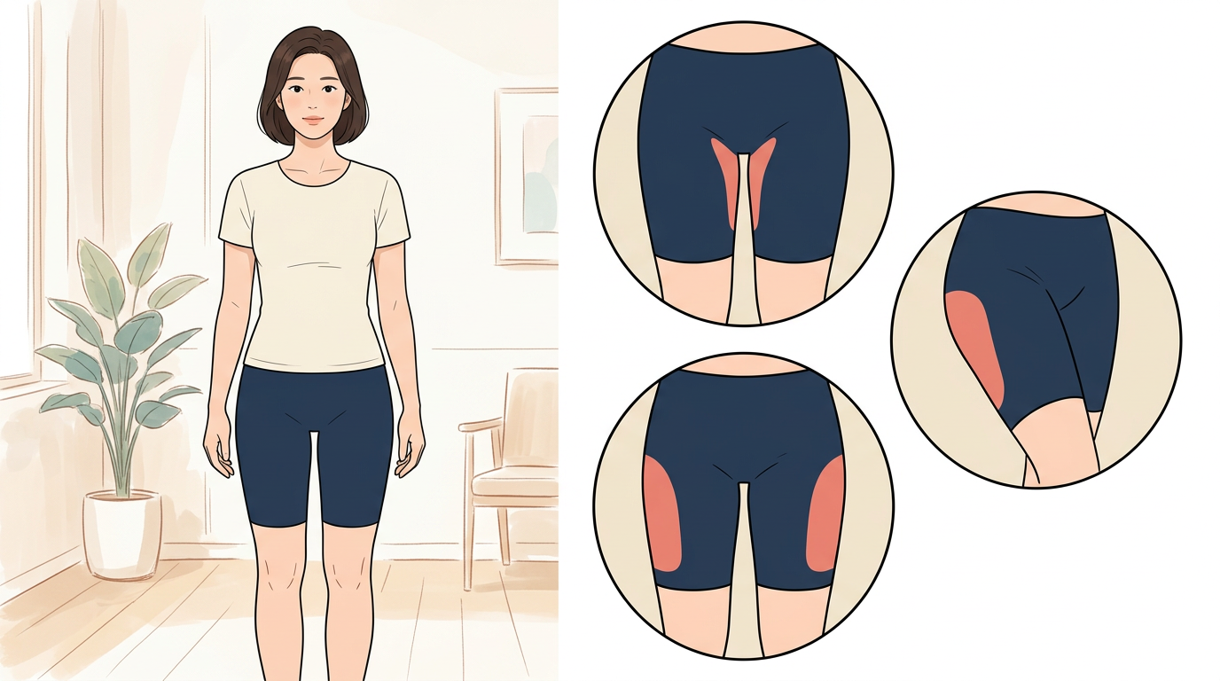 옷 위에 표시한 허벅지 안쪽·바깥쪽 등 관심 부위 설명용 일러스트