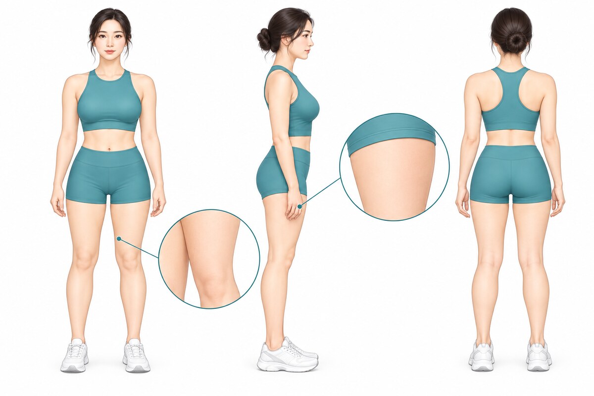 정면·측면·후면에서 본 허벅지와 바깥쪽 허벅지, 안쪽 허벅지·무릎 부위를 확대해 표시한 그림